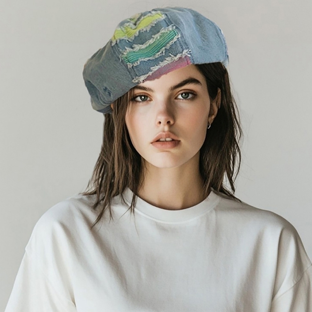 NWT Light Denim Patchwork Multi Fringe Beret Boho Stylish Hat